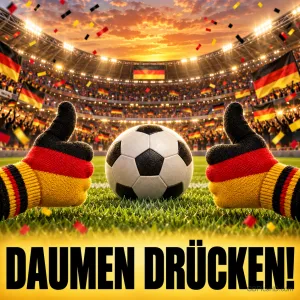 Zwei Strickhandschuhe in Schwarz-Rot-Gold zeigen den Daumen hoch neben einem Fußball im vollen Stadion, dazu "DAUMEN DRÜCKEN!"