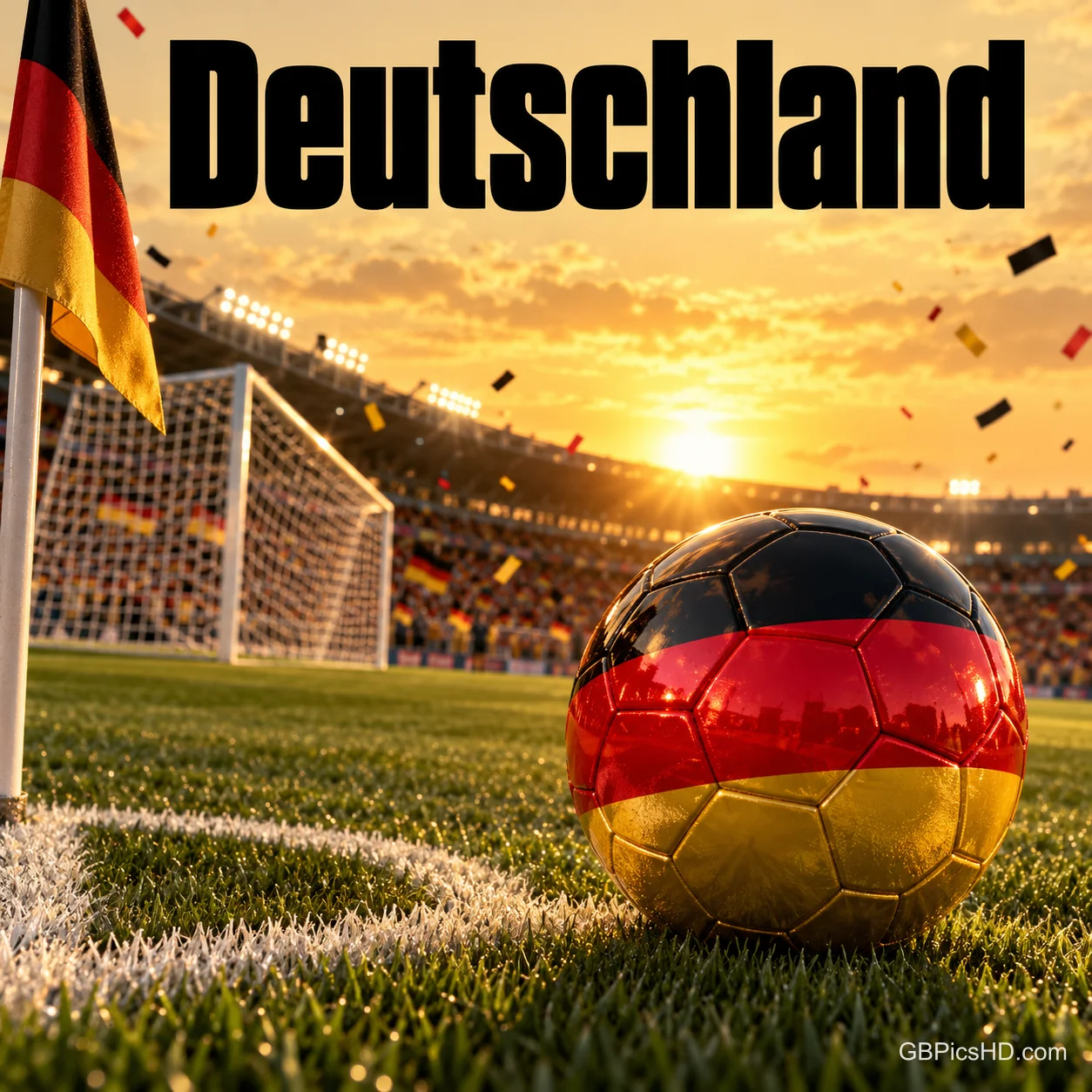 Fußball in Schwarz-Rot-Gold an der Eckfahne eines Stadions im Abendlicht mit Konfetti und dem Schriftzug "Deutschland" Fußball in Schwarz-Rot-Gold an der Eckfahne eines Stadions im Abendlicht mit Konfetti und dem Schriftzug "Deutschland"