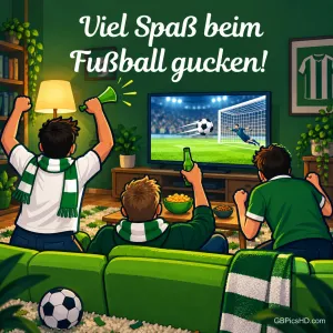 Drei jubelnde Fans in Grün-Weiß sitzen von hinten gesehen vor dem Fernseher im Wohnzimmer, darüber der Text "Viel Spaß beim Fußball gucken!".