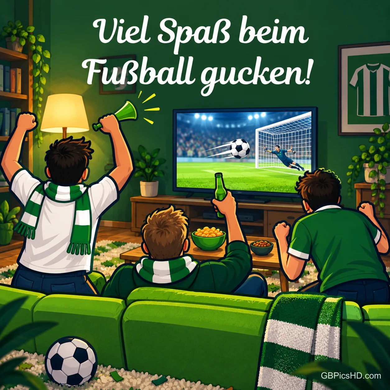 Drei jubelnde Fans in Grün-Weiß sitzen von hinten gesehen vor dem Fernseher im Wohnzimmer, darüber der Text "Viel Spaß beim Fußball gucken!". Drei jubelnde Fans in Grün-Weiß sitzen von hinten gesehen vor dem Fernseher im Wohnzimmer, darüber der Text "Viel Spaß beim Fußball gucken!".