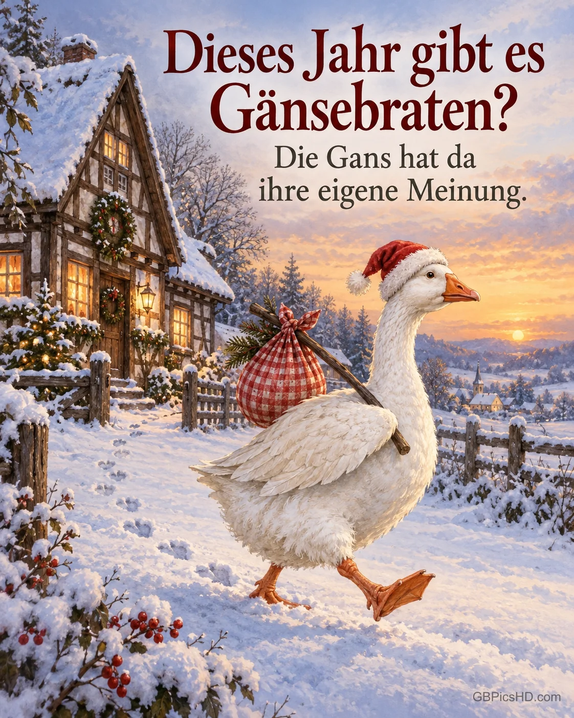 Eine weiße Gans mit kleiner Weihnachtsmütze marschiert entschlossen mit einem Bündel durch den Schnee vom Bauernhof weg, dazu "Dieses Jahr gibt es Gänsebraten?".