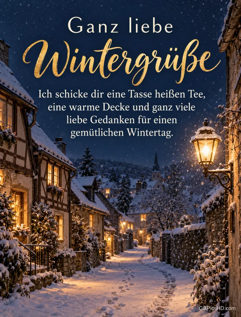 Eine verschneite Altstadtgasse mit warm erleuchteten Fenstern und einer alten Laterne in der Dämmerung, dazu "Ganz liebe Wintergrüße".