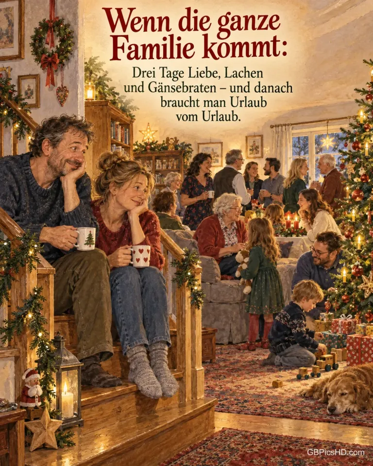 Ein müdes Gastgeberpaar sitzt auf der Treppe und schaut amüsiert auf das volle Wohnzimmer mit der ganzen Verwandtschaft, dazu „Wenn die ganze Familie kommt“.
