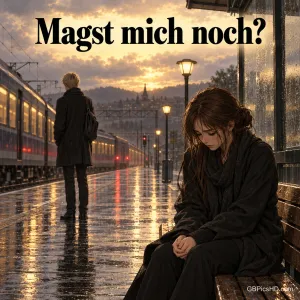 Regnerischer Bahnsteig in der Abenddämmerung, eine traurige junge Frau sitzt auf der Bank, ein Mann steht abgewandt, darüber die Frage "Magst mich noch?"