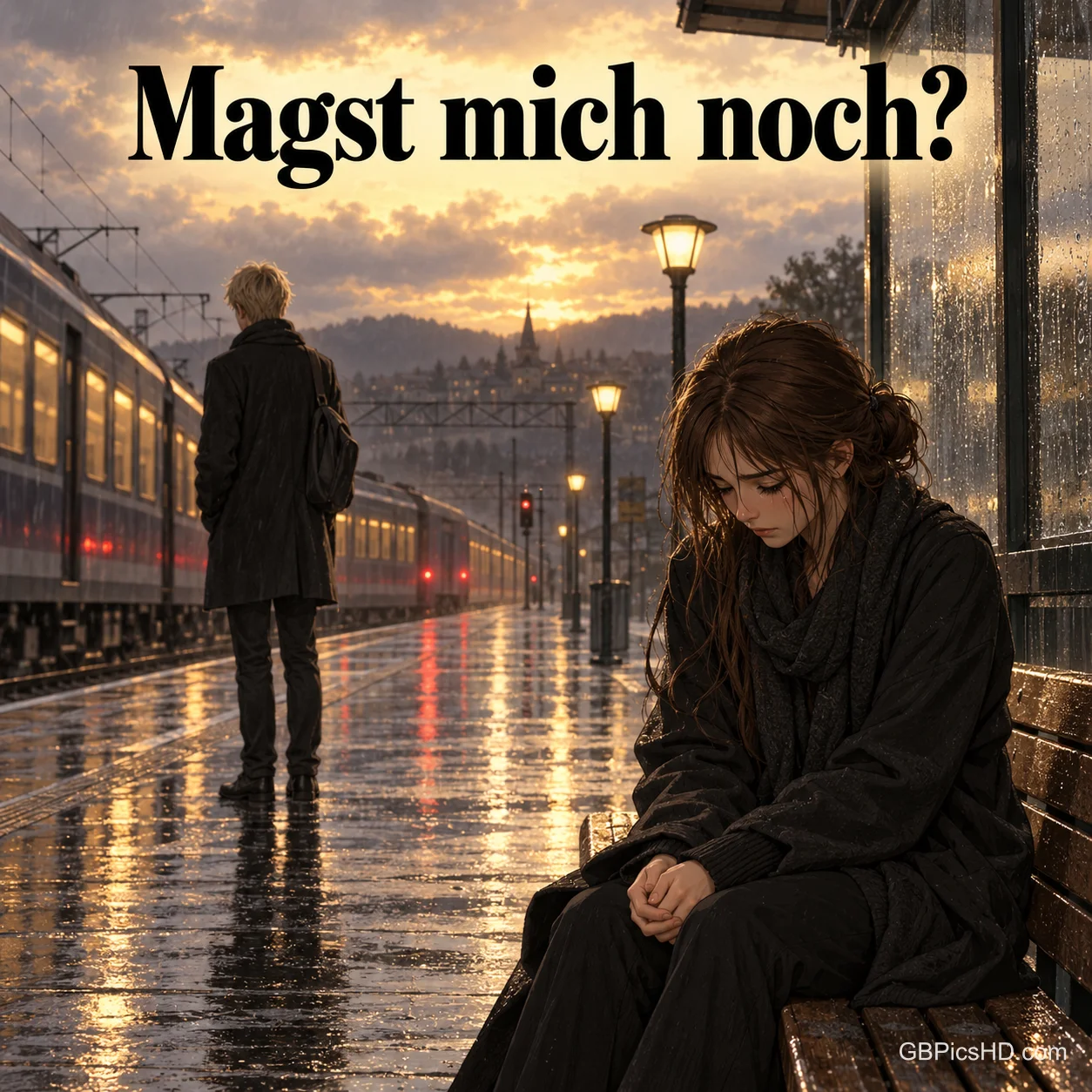 Regnerischer Bahnsteig in der Abenddämmerung, eine traurige junge Frau sitzt auf der Bank, ein Mann steht abgewandt, darüber die Frage "Magst mich noch?" Regnerischer Bahnsteig in der Abenddämmerung, eine traurige junge Frau sitzt auf der Bank, ein Mann steht abgewandt, darüber die Frage "Magst mich noch?"