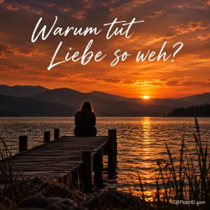 Silhouette einer einsamen Person am Ende eines Holzstegs, die im glühenden Sonnenuntergang auf den See blickt, mit der Frage "Warum tut Liebe so weh?"