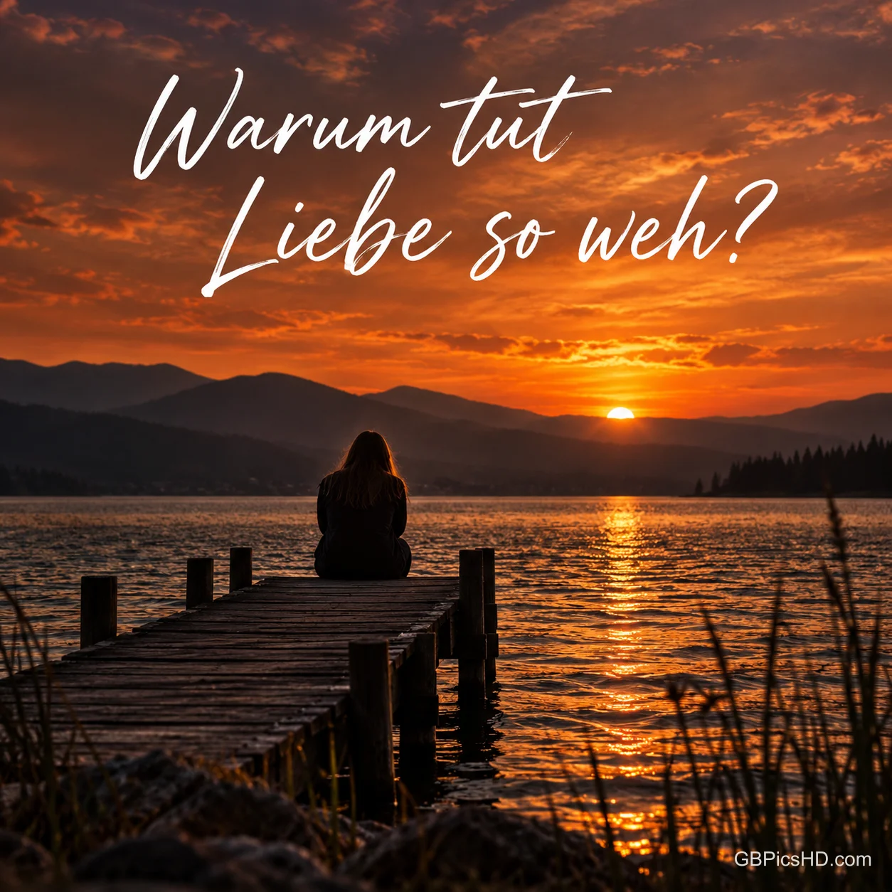 Silhouette einer einsamen Person am Ende eines Holzstegs, die im glühenden Sonnenuntergang auf den See blickt, mit der Frage "Warum tut Liebe so weh?" Silhouette einer einsamen Person am Ende eines Holzstegs, die im glühenden Sonnenuntergang auf den See blickt, mit der Frage "Warum tut Liebe so weh?"