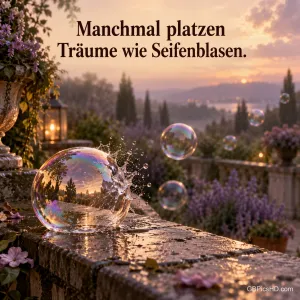 Schillernde Seifenblase zerplatzt auf einer Steinmauer über einem blühenden Tal im Abendlicht, darüber der Spruch "Manchmal platzen Träume wie Seifenblasen."