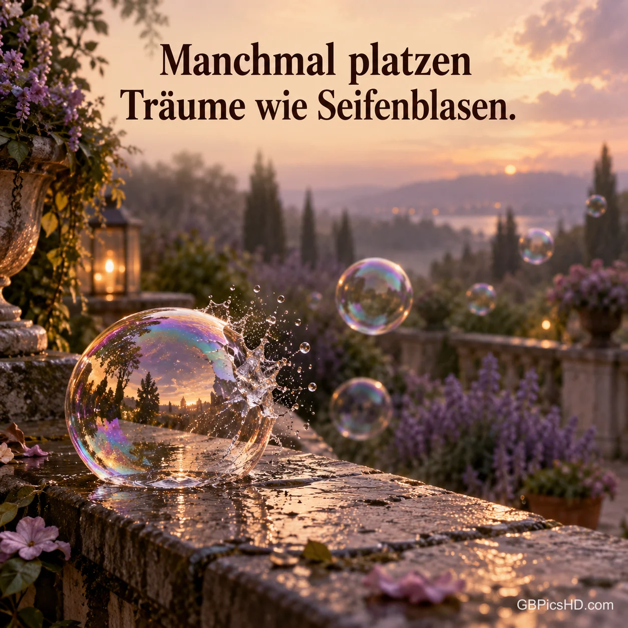Schillernde Seifenblase zerplatzt auf einer Steinmauer über einem blühenden Tal im Abendlicht, darüber der Spruch "Manchmal platzen Träume wie Seifenblasen." Schillernde Seifenblase zerplatzt auf einer Steinmauer über einem blühenden Tal im Abendlicht, darüber der Spruch "Manchmal platzen Träume wie Seifenblasen."