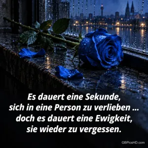 Eine blaue Rose mit Regentropfen und verstreuten Blütenblättern auf einem nassen Fenstersims vor nächtlicher Stadt, dazu ein Spruch über Verlieben und Vergessen