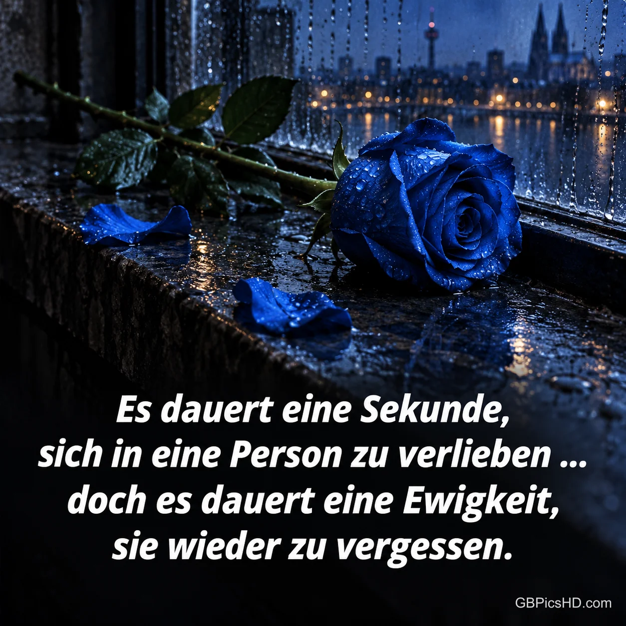 Eine blaue Rose mit Regentropfen und verstreuten Blütenblättern auf einem nassen Fenstersims vor nächtlicher Stadt, dazu ein Spruch über Verlieben und Vergessen Eine blaue Rose mit Regentropfen und verstreuten Blütenblättern auf einem nassen Fenstersims vor nächtlicher Stadt, dazu ein Spruch über Verlieben und Vergessen
