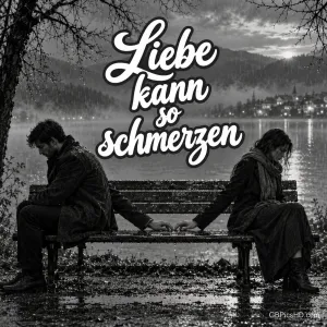 Schwarz-weißes Bild eines traurigen Paares, das abgewandt auf einer Bank am See sitzt, die Hände berühren sich noch, dazu "Liebe kann so schmerzen"