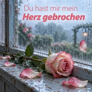 Rosa Rose mit Regentropfen und abgefallenen Blütenblättern auf einem alten Fenstersims, draußen ein verregneter Garten, darüber der Text "Du hast mir mein Herz gebrochen"