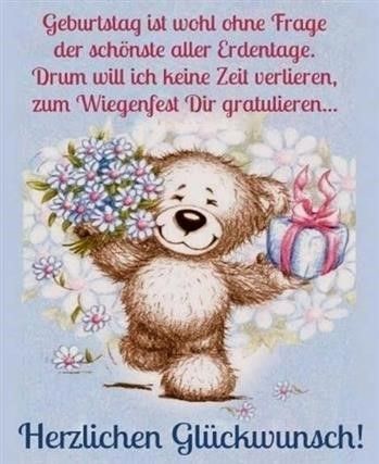Niedlicher Teddybär mit Blumenstrauß und Geschenk zum Geburtstag.