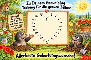 Zwei Maulwürfe stehen im Blumengarten neben einer Zahlentafel mit Herz und dem Gruß "Allerbeste Geburtstagswünsche!".