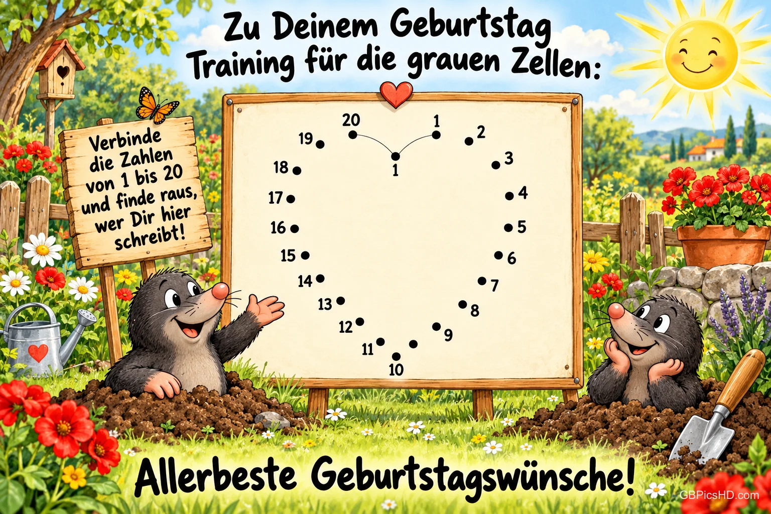 Zwei Maulwürfe stehen im Blumengarten neben einer Zahlentafel mit Herz und dem Gruß "Allerbeste Geburtstagswünsche!".