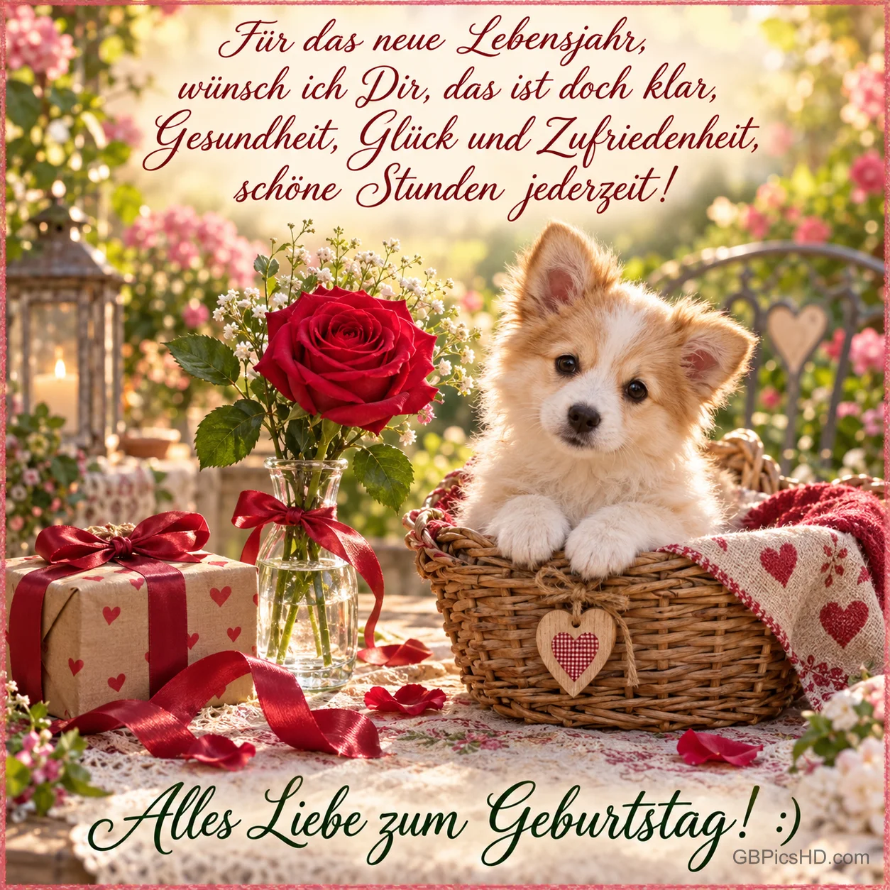 Ein Welpe sitzt im Korb neben einer roten Rose und einem Geschenk mit "Alles Liebe zum Geburtstag! :)". Ein Welpe sitzt im Korb neben einer roten Rose und einem Geschenk mit "Alles Liebe zum Geburtstag! :)".