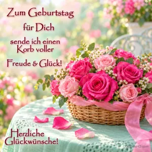 Ein Korb mit rosa Rosen und einer Schleife steht auf einem Gartentisch mit "Herzliche Glückwünsche!".