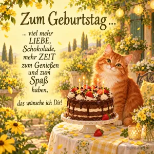 Eine rotbraune Katze sitzt neben einer Schokoladentorte mit Kerzen auf einer gelb geschmückten Terrasse mit "Zum Geburtstag ...".