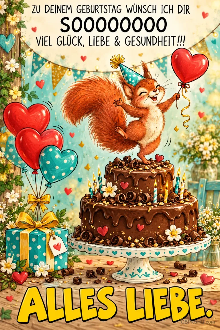 Ein Eichhörnchen mit Partyhut steht auf einer Schokoladentorte zwischen Herzballons und einem Geschenk mit "ALLES LIEBE.".