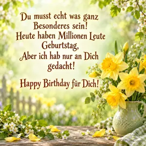Gelbe Narzissen stehen in einem grünen Krug auf einem Holztisch mit "Du musst echt was ganz Besonderes sein!".