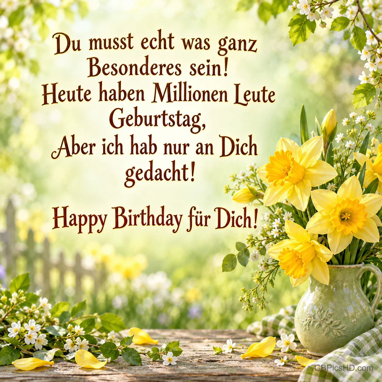 Gelbe Narzissen stehen in einem grünen Krug auf einem Holztisch mit "Du musst echt was ganz Besonderes sein!".