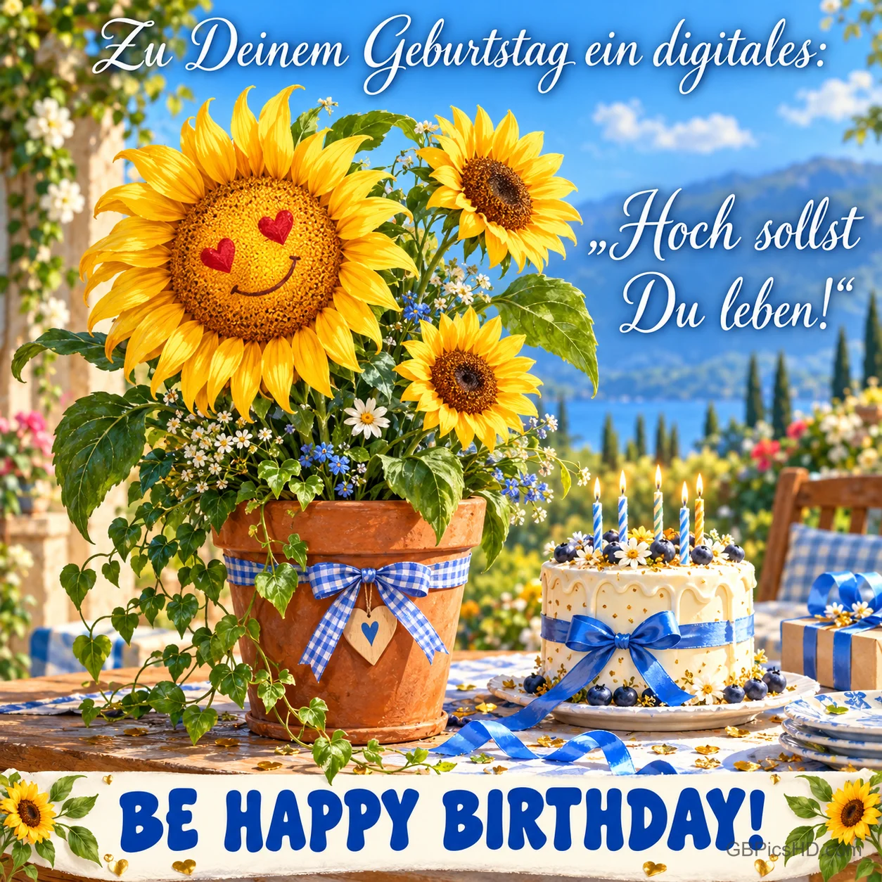 Sonnenblumen mit Herzaugen stehen neben einer Geburtstagstorte mit blauen Kerzen und einem Geschenk mit "Hoch sollst Du leben!".