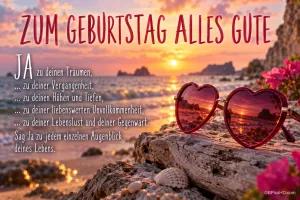 Herzförmige Sonnenbrille auf Treibholz am Meer bei Sonnenuntergang mit "ZUM GEBURTSTAG ALLES GUTE".
