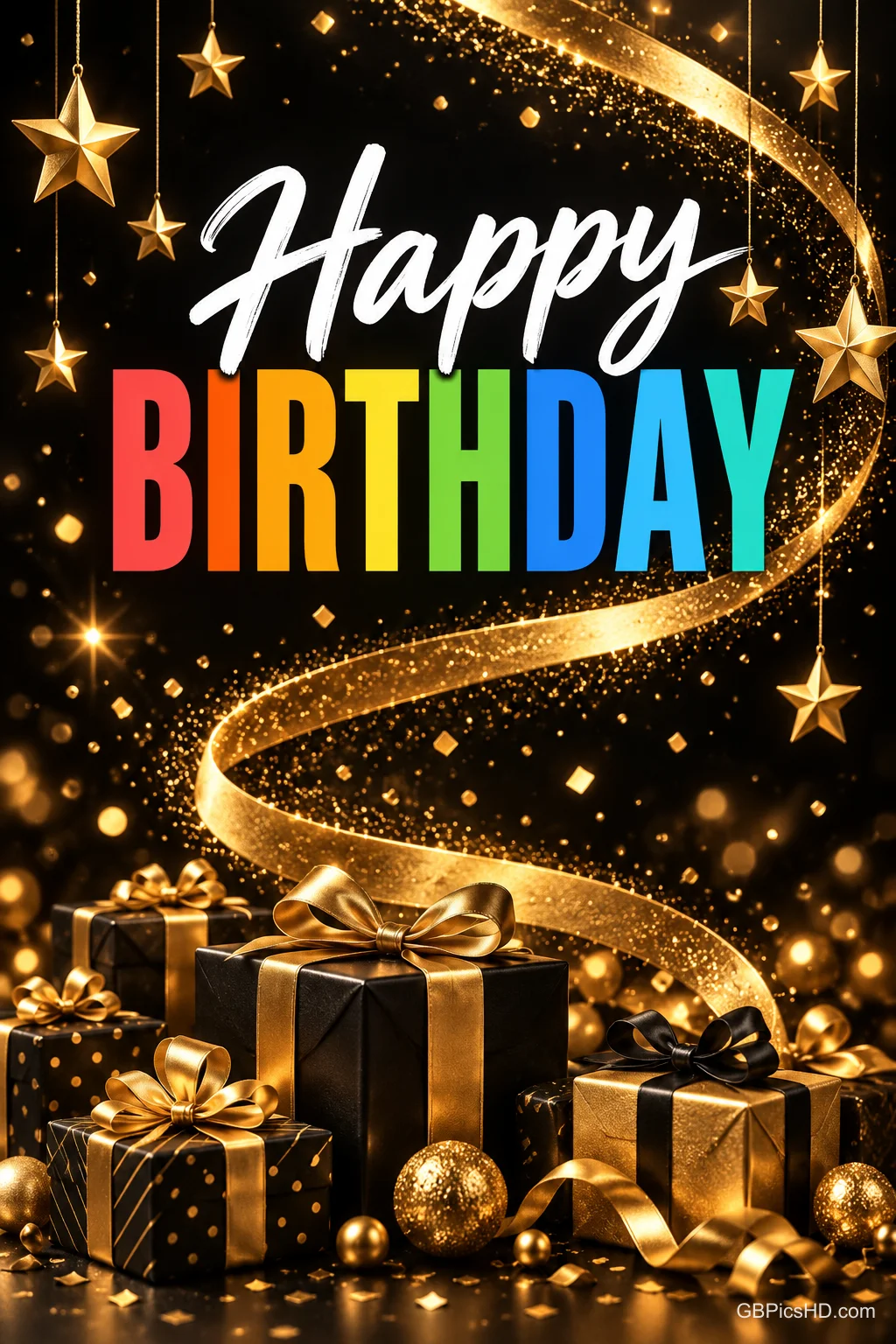 Schwarze Geschenkpakete mit goldenen Schleifen, hängende Sterne und ein glitzerndes Band unter "Happy BIRTHDAY".