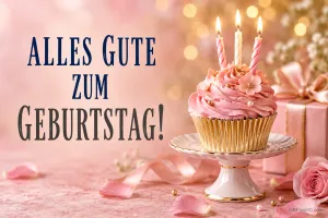 Rosa Cupcake mit drei brennenden Kerzen auf einer Tortenplatte neben einem Geschenk und "ALLES GUTE ZUM GEBURTSTAG!".