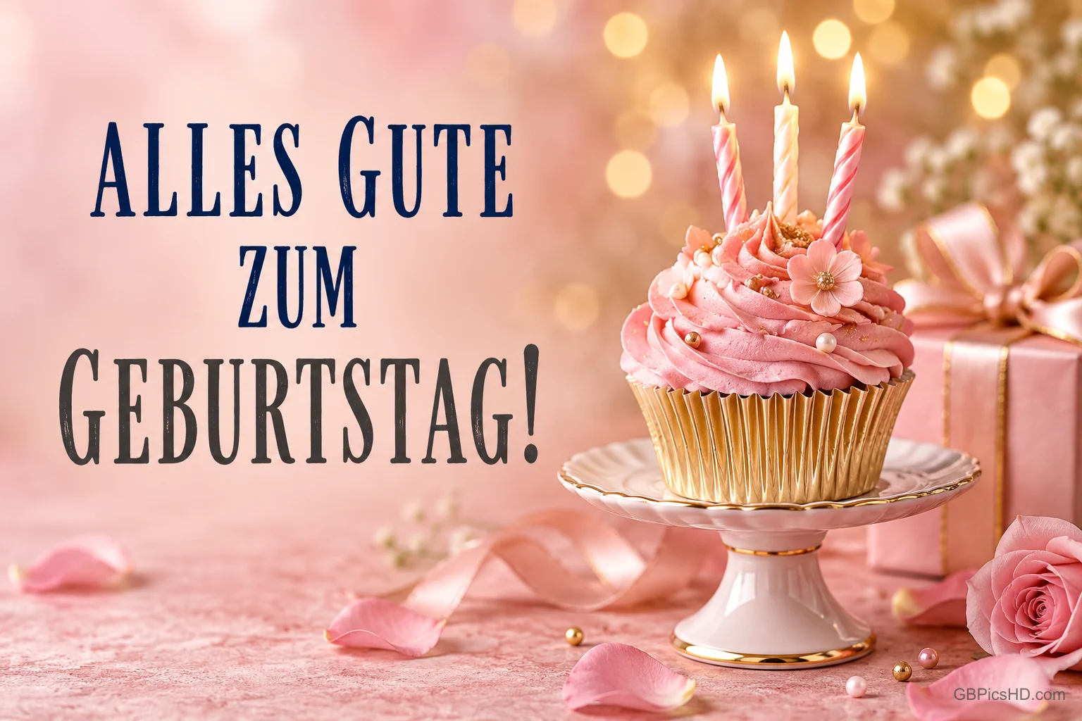 Rosa Cupcake mit drei brennenden Kerzen auf einer Tortenplatte neben einem Geschenk und "ALLES GUTE ZUM GEBURTSTAG!".