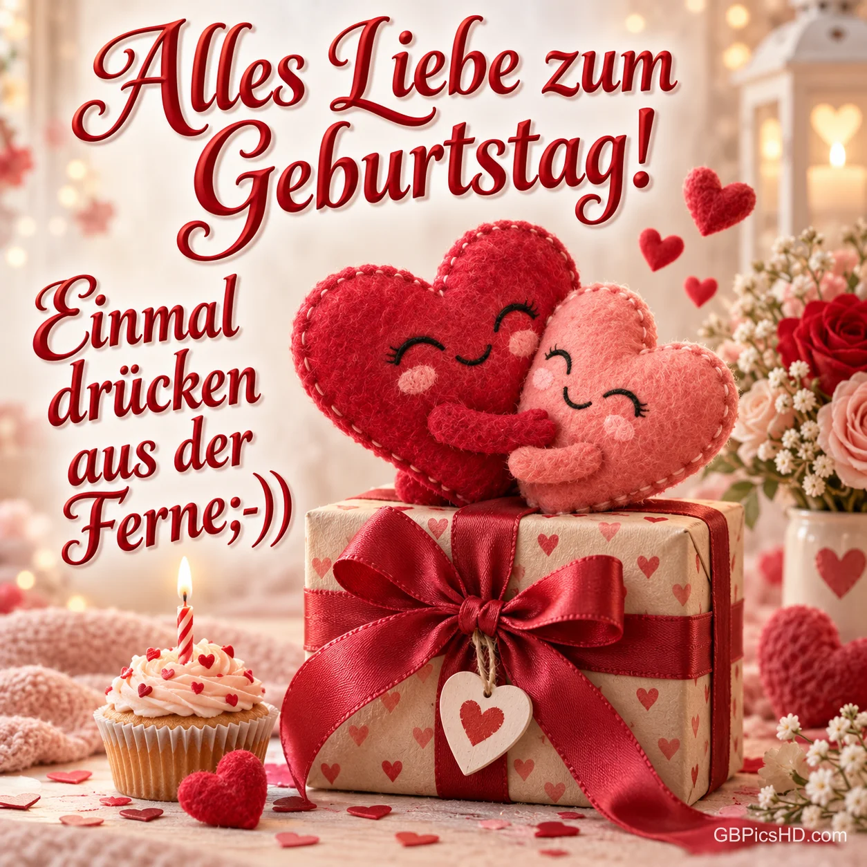 Zwei kuschelnde Stoffherzen sitzen auf einem Geschenk neben einem Cupcake mit Kerze und dem Gruß "Alles Liebe zum Geburtstag!". Zwei kuschelnde Stoffherzen sitzen auf einem Geschenk neben einem Cupcake mit Kerze und dem Gruß "Alles Liebe zum Geburtstag!".