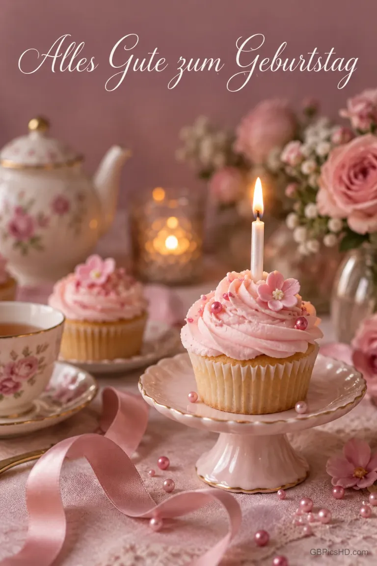 Rosa Cupcake mit einer brennenden Kerze, geblümtes Teegeschirr und Rosen unter "Alles Gute zum Geburtstag".