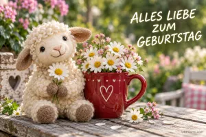 Ein Stofflamm hält eine Blume neben einer roten Tasse voller Margeriten mit "ALLES LIEBE ZUM GEBURTSTAG".