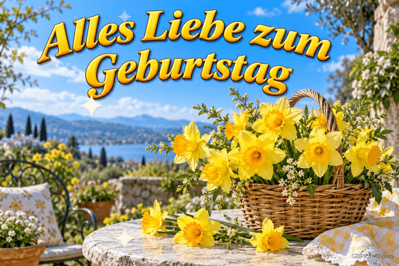 Ein Korb mit gelben Narzissen steht auf einem Gartentisch vor einem See und Bergen unter dem Gruß "Alles Liebe zum Geburtstag".