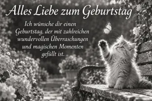 Ein Kätzchen hebt auf einer Gartenbank die Pfote nach einem Schmetterling; darüber steht "Alles Liebe zum Geburtstag" in Schwarz-Weiß.