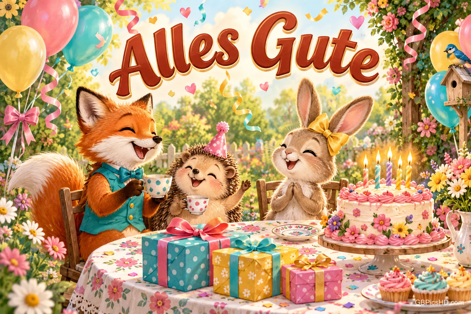 Fuchs, Igel und Hase feiern an einem Gartentisch mit Torte, Geschenken und Ballons unter dem Schriftzug "Alles Gute".