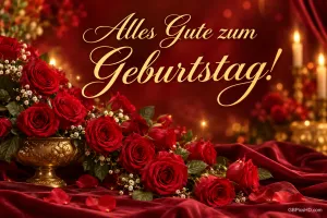 Rote Rosen in einer goldenen Vase und auf rotem Stoff, Kerzen im Hintergrund und "Alles Gute zum Geburtstag!".