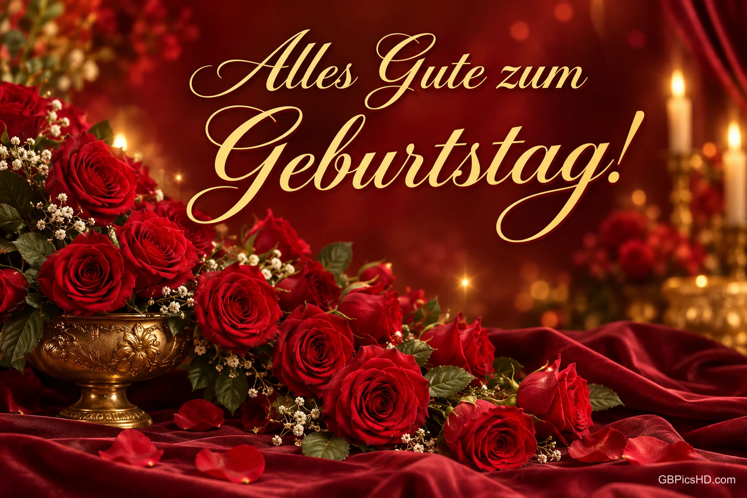 Rote Rosen in einer goldenen Vase und auf rotem Stoff, Kerzen im Hintergrund und "Alles Gute zum Geburtstag!".
