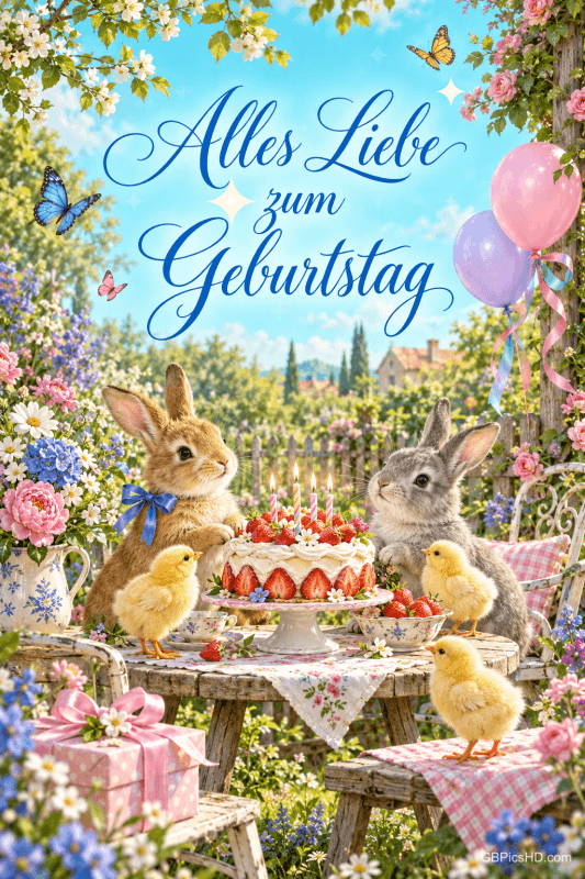 Zwei Hasen und drei Küken sitzen bei einer Erdbeertorte im Blumengarten mit Ballons und dem Gruß "Alles Liebe zum Geburtstag".
