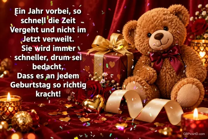 Ein Teddybär sitzt neben einem Geschenk, Kerzen und goldenen Bändern auf rotem Stoff; der Text beginnt mit "Ein Jahr vorbei".