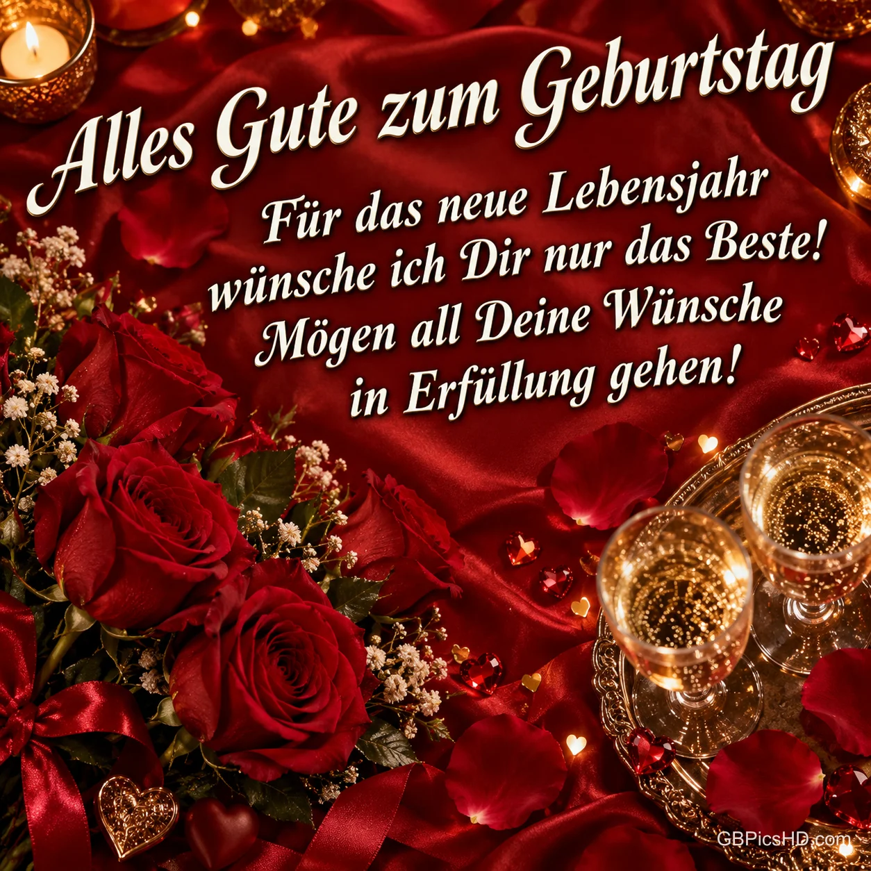 Rote Rosen, Kerzen und zwei gefüllte Sektgläser umrahmen auf rotem Stoff den Gruß "Alles Gute zum Geburtstag".