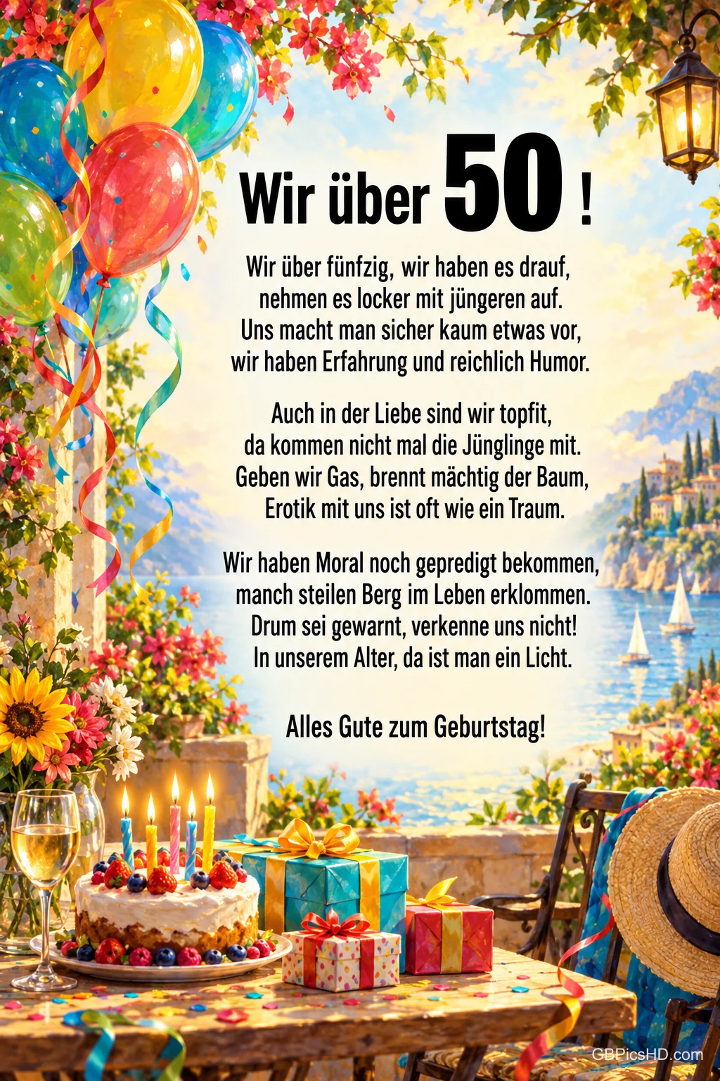 Unter "Wir über 50!" steht ein Geburtstagsgedicht über einem Tisch mit Torte und Geschenken vor einem See mit Bergen. Unter "Wir über 50!" steht ein Geburtstagsgedicht über einem Tisch mit Torte und Geschenken vor einem See mit Bergen.