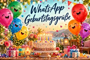 Bunte Ballons mit lachenden Gesichtern, Geschenke und eine Geburtstagstorte mit Kerzen unter "WhatsApp Geburtstagsgrüße".