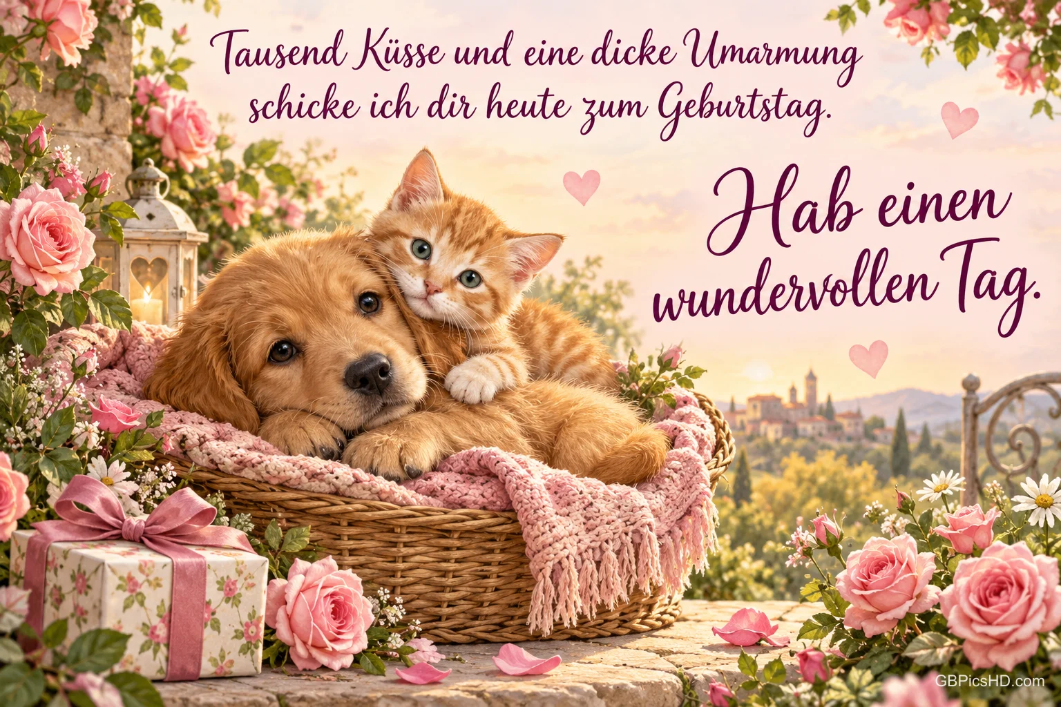 Ein Welpe und ein Kätzchen kuscheln im Korb zwischen Rosen und einem Geschenk mit dem Gruß "Hab einen wundervollen Tag." Ein Welpe und ein Kätzchen kuscheln im Korb zwischen Rosen und einem Geschenk mit dem Gruß "Hab einen wundervollen Tag."