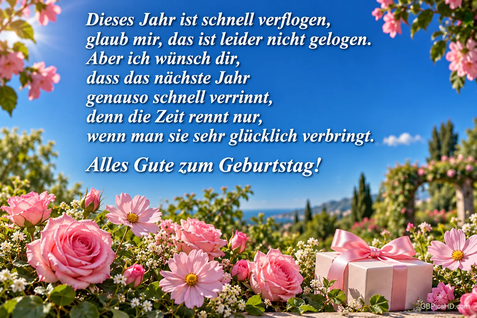Rosa Rosen und ein Geschenk stehen in einem sonnigen Garten unter dem Gruß "Alles Gute zum Geburtstag!" Rosa Rosen und ein Geschenk stehen in einem sonnigen Garten unter dem Gruß "Alles Gute zum Geburtstag!"