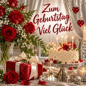 Rote Rosen, ein rotes Geschenk und eine weiße Torte mit brennenden Kerzen schmücken den Tisch; dazu "Zum Geburtstag viel Glück".
