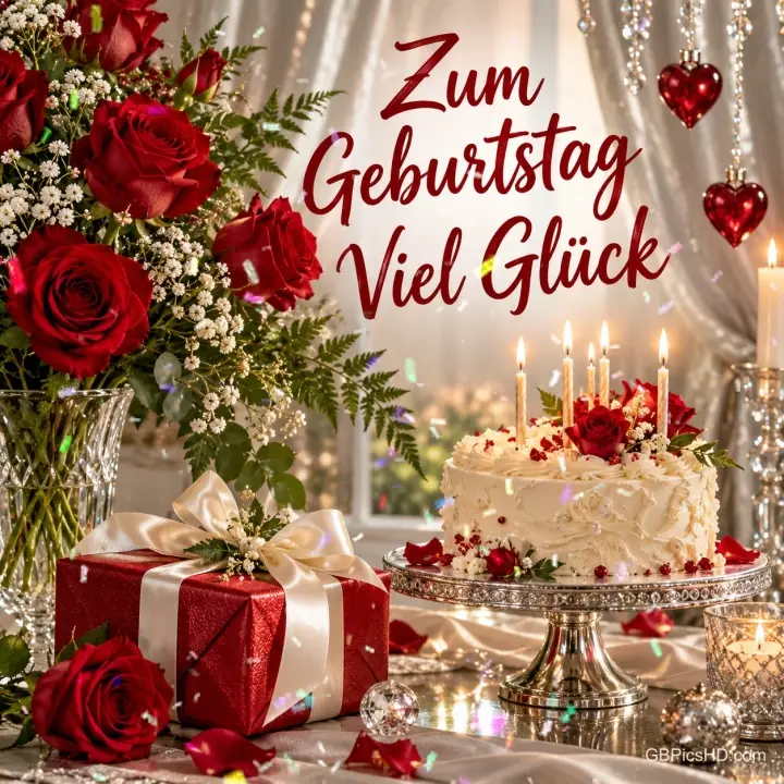 Rote Rosen, ein rotes Geschenk und eine weiße Torte mit brennenden Kerzen schmücken den Tisch; dazu "Zum Geburtstag viel Glück".