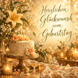 Eine blumengeschmückte Torte mit Kerzen steht neben gelben Lilien im goldenen Licht; dazu "Herzlichen Glückwunsch zum Geburtstag".