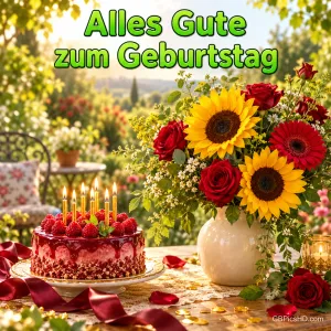 Eine Beerentorte mit Kerzen und ein Strauß mit Sonnenblumen und roten Rosen stehen auf einem Gartentisch unter "Alles Gute zum Geburtstag".